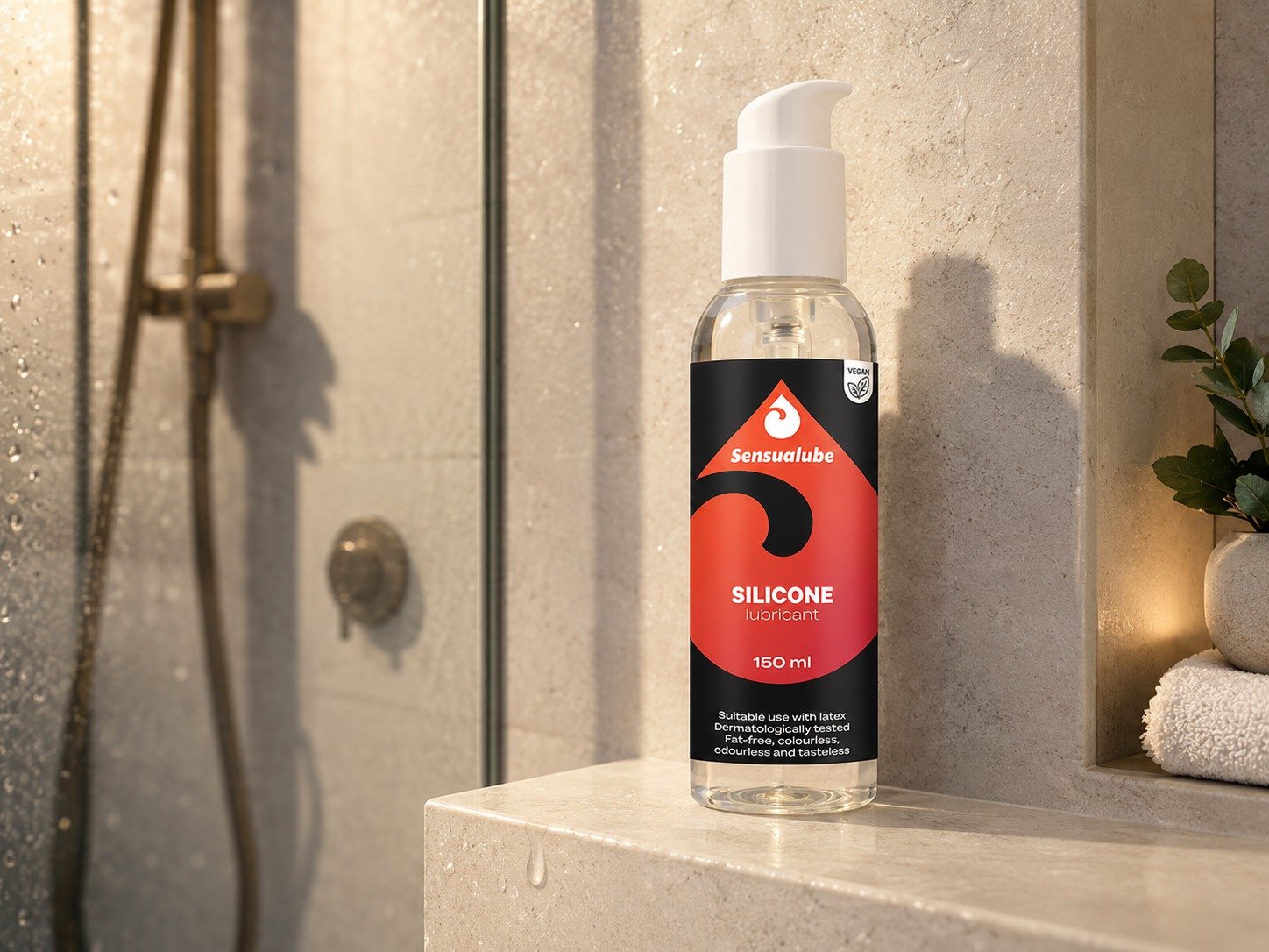 Flacon doseur de lubrifiant silicone Sensualube Silicone, 150 ml, sur une étagère de douche avec robinetterie et plante décorative.
