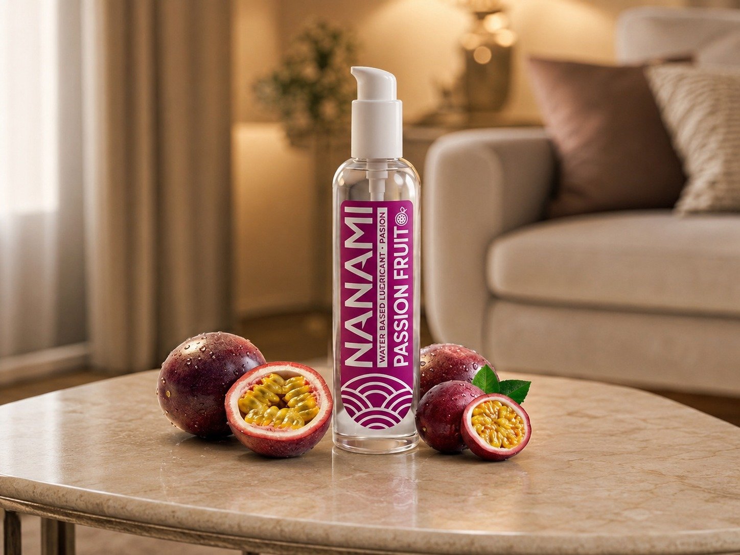 Flacon spray parfumé Passion Fruit de Namami entouré de fruits de fruits de la passion tranchés sur une table, intérieur chaleureux.