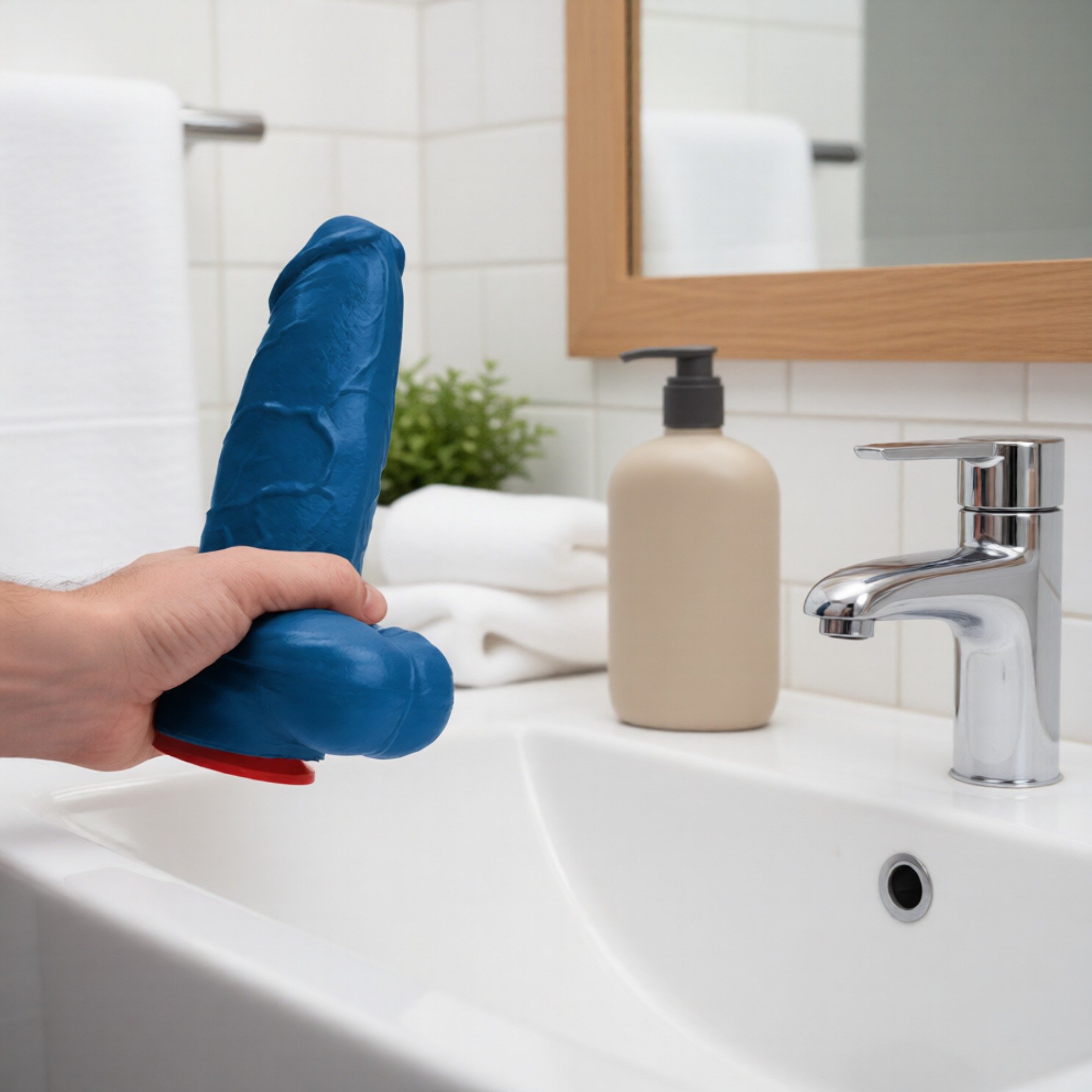 Gode bleu tenu au-dessus d’un lavabo dans une salle de bains moderne.