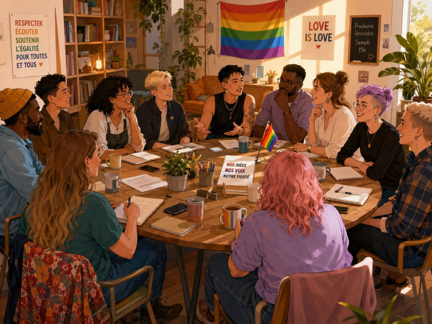 Groupe de personnes autour d’une grande table de réunion dans un espace lumineux, avec un drapeau arc-en-ciel accroché au mur et des affiches sur l’inclusion; chacun discute, certains prennent des notes.