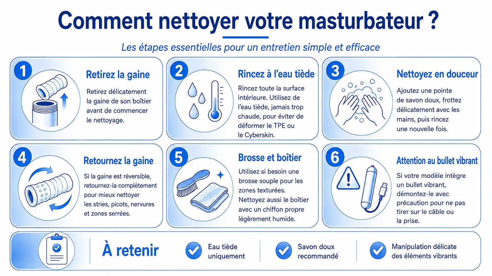 Guide illustré : Comment nettoyer votre masturbateur en 6 étapes simples et sûres, with icons bleu et blanc.