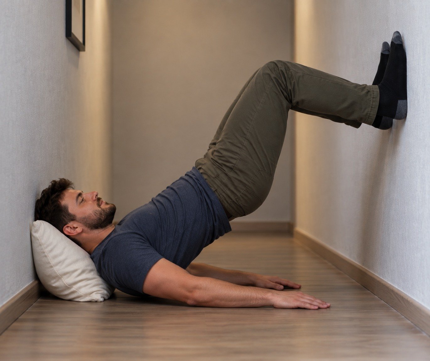 Homme allongé sur le dos dans un couloir, pieds contre le mur pliés surélevés, surélevé par les mollets; tête sur un petit oreiller, regard tourné vers le bas.