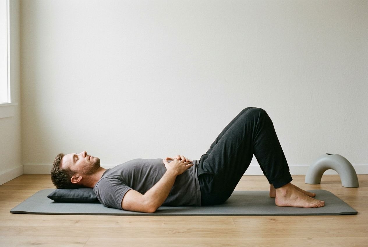 Homme allongé sur tapis de yoga, genoux fléchis et mains sur abdomen, pratiquant une mobilisation abdominale légère dans une pièce lumineuse. la musculation du périnée pour une érection et une éjaculation de qualité.