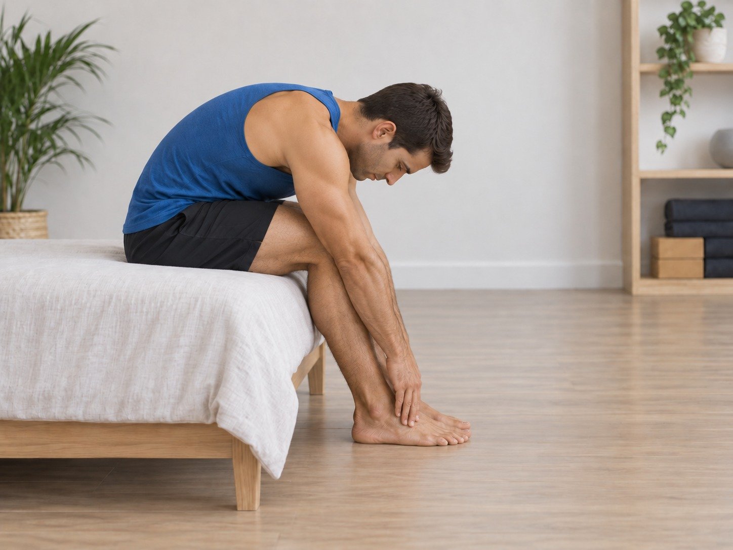 Homme assis sur le bord du lit, penché en avant pour se toucher les orteils, en débardeur bleu et short noir dans une chambre minimaliste.