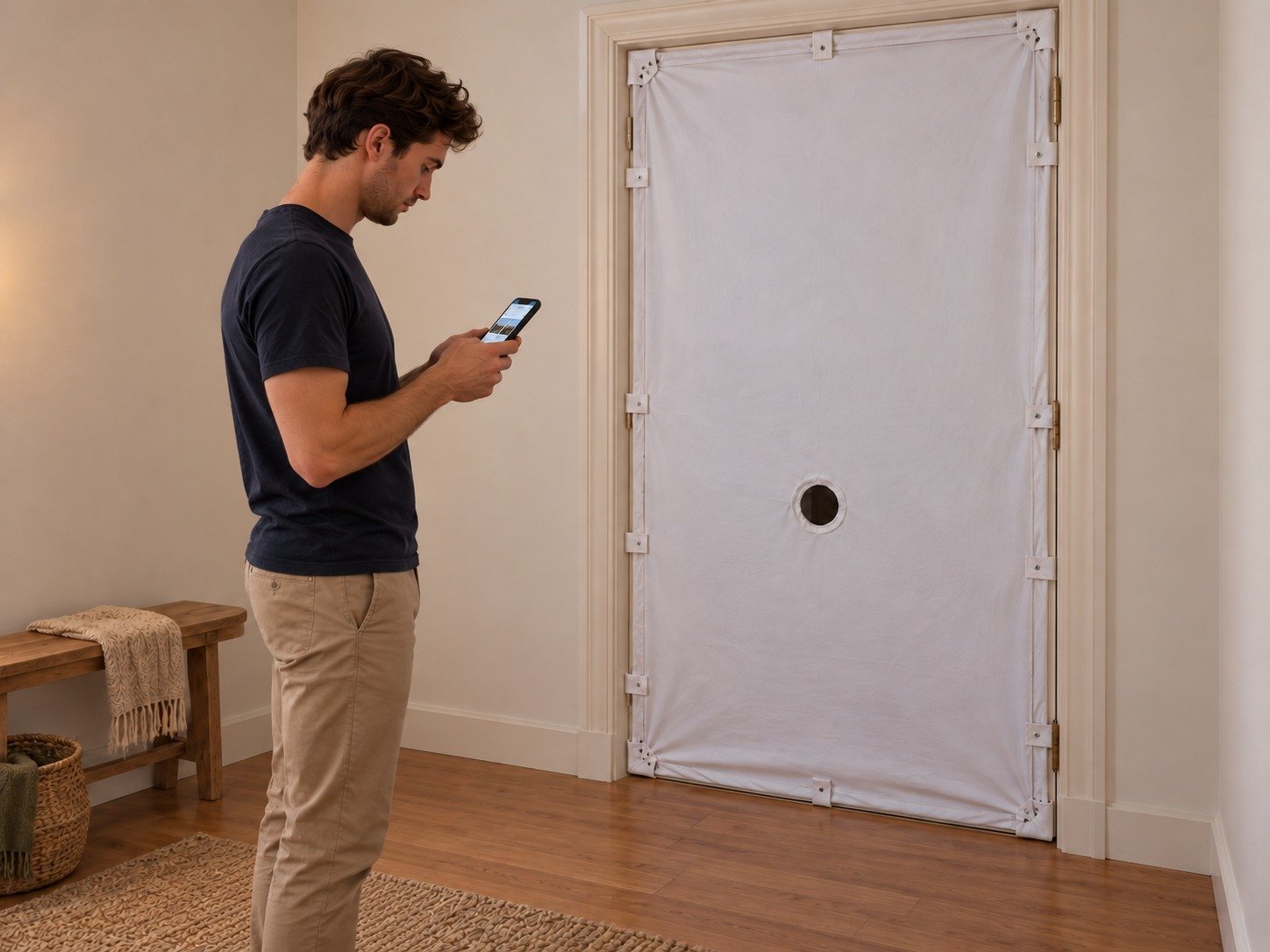 Homme devant une porte blindée, tenant son smartphone, intérieur minimaliste.