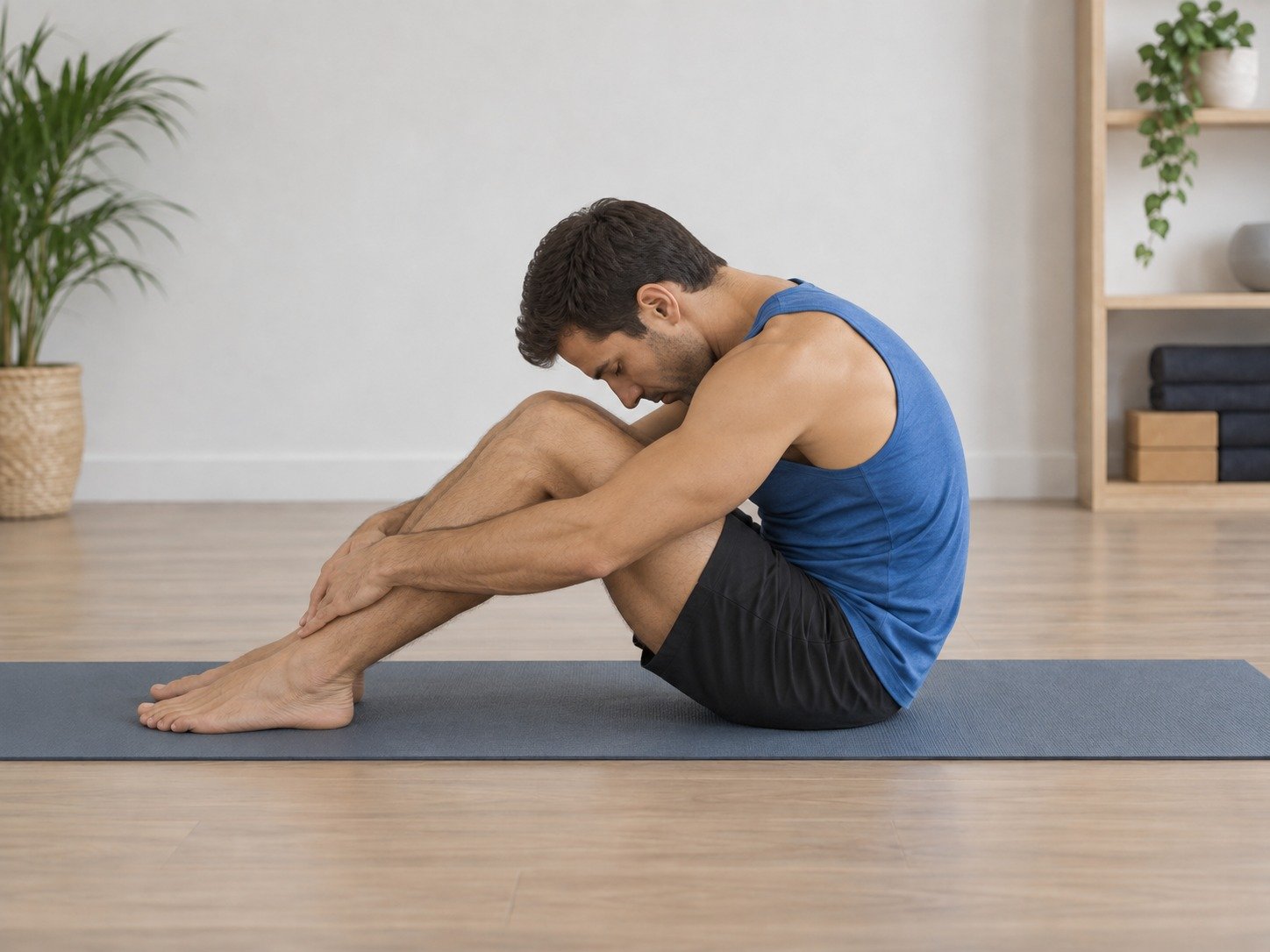 Homme musclé en débardeur bleu sur tapis de yoga, effectuant un exercice d’abdominaux/abdos sur un sol en bois.