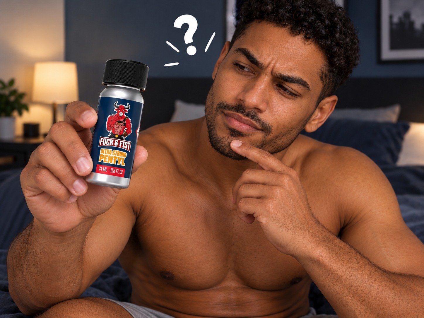 Homme nu assis sur un lit, tenant une petite bouteille de lubrifiant sexy au label rouge et bleu, regard attentif vers le flacon et index sur le menton. Philosophie interrogative au-dessus de sa tête.