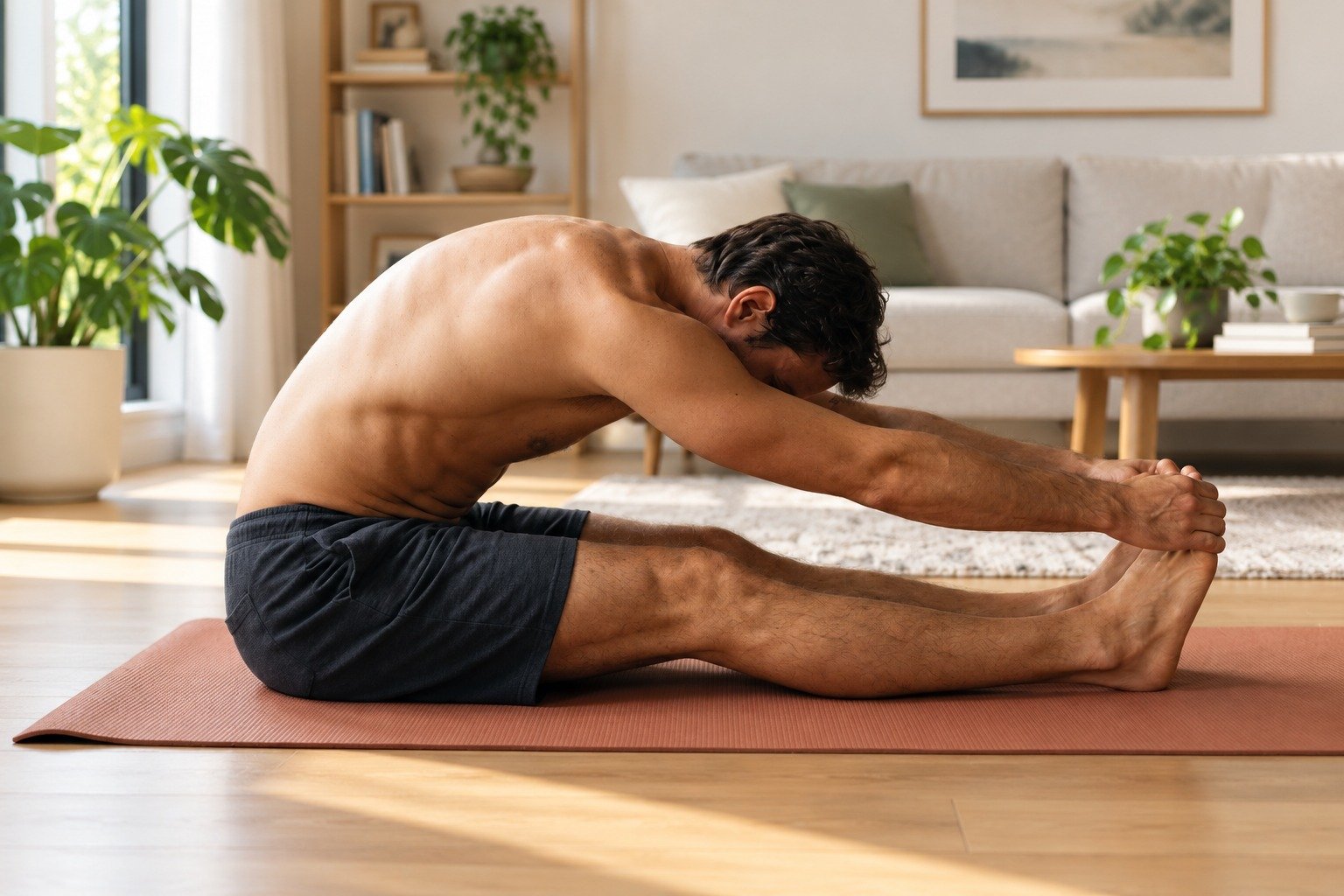 Homme nu faisant un étirement assis sur tapis yoga, mains tenant les pieds dans un salon lumineux et décoré.