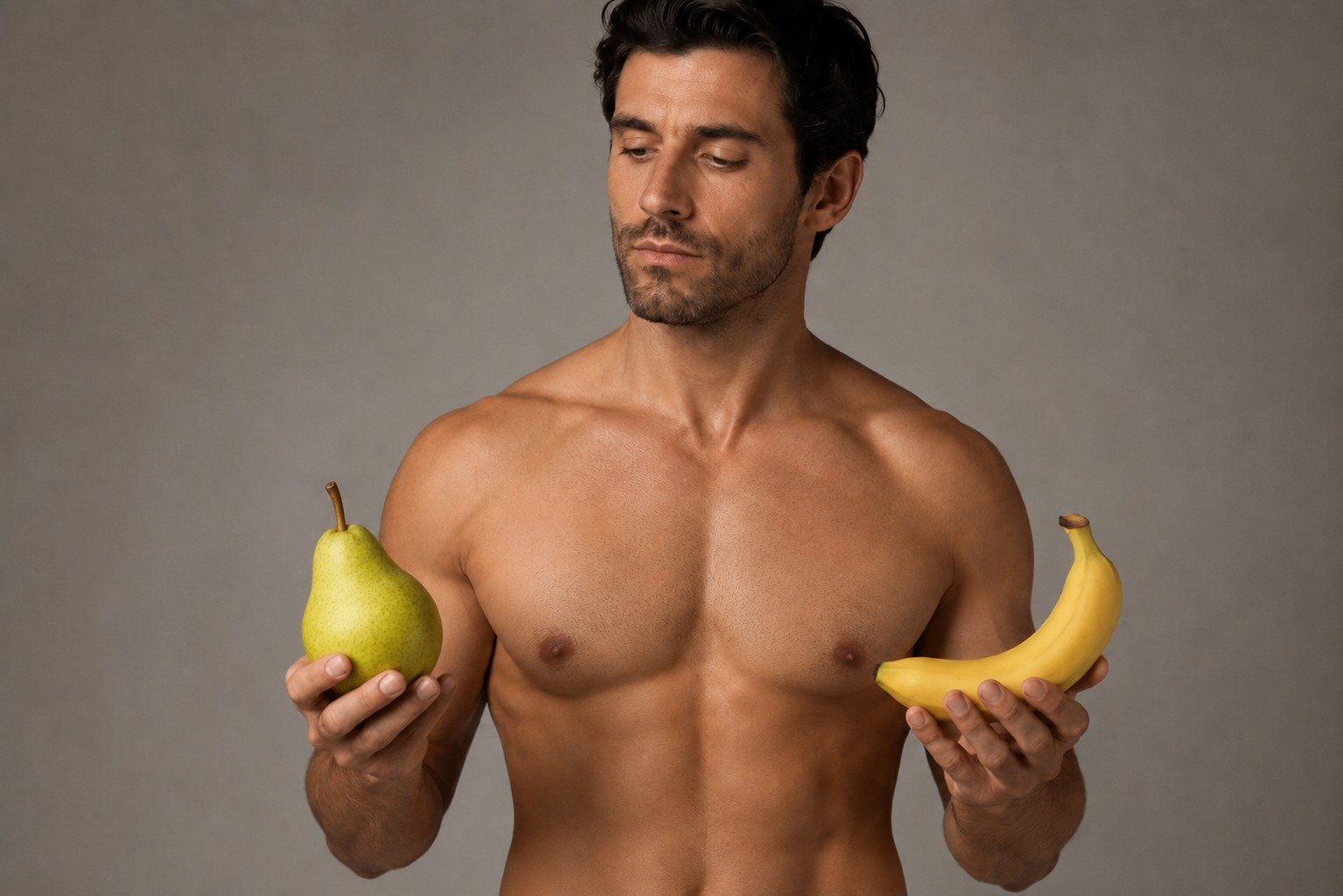 Homme nu torse nu, tenant une poire dans une main et une banane dans l’autre, regard légèrement tourné vers le fruit droit.