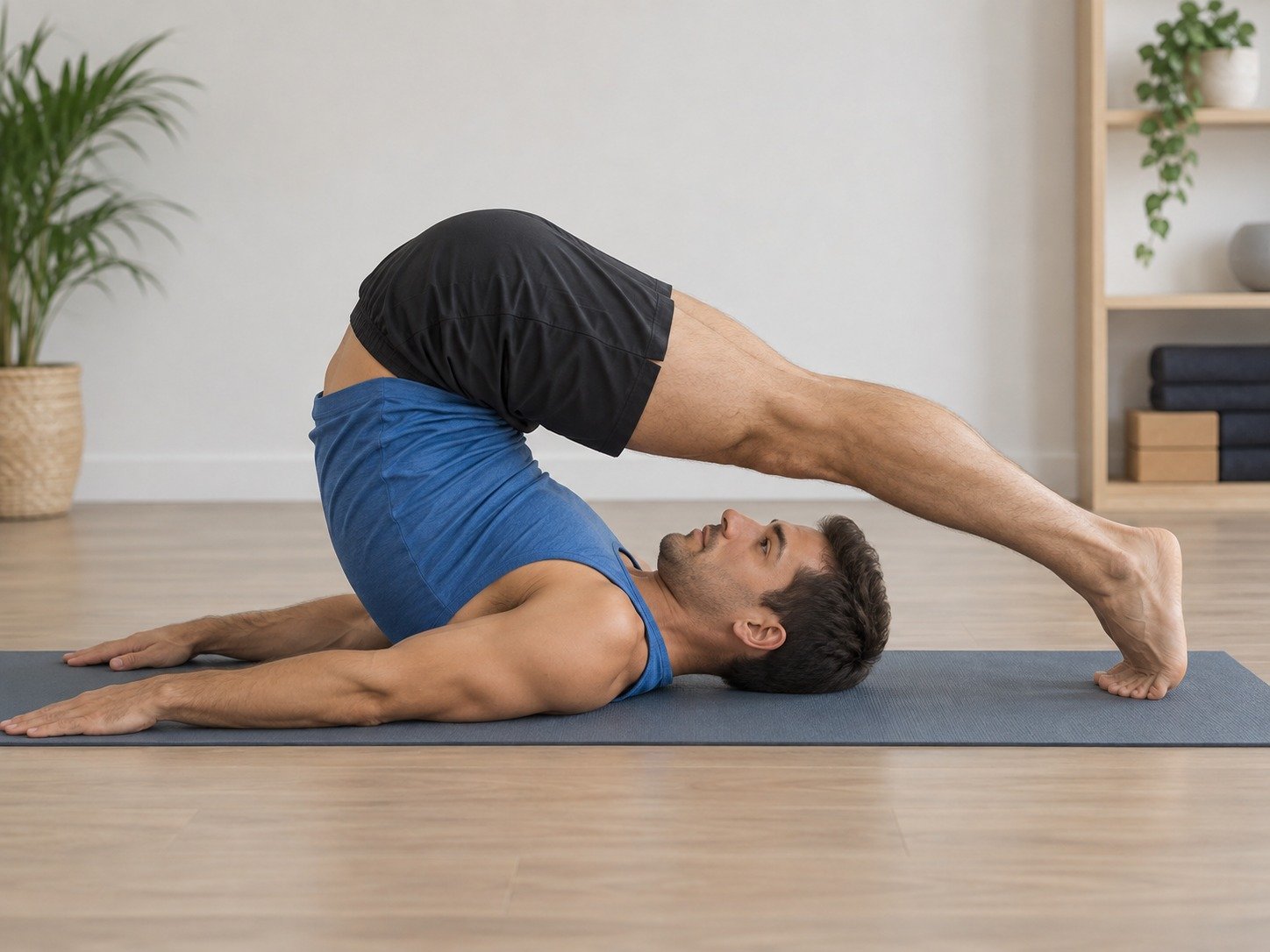 Homme pratiquant le yoga inversé sur tapis, jambes fléchies et en équilibre sur les épaules, dans une pièce lumineuse.