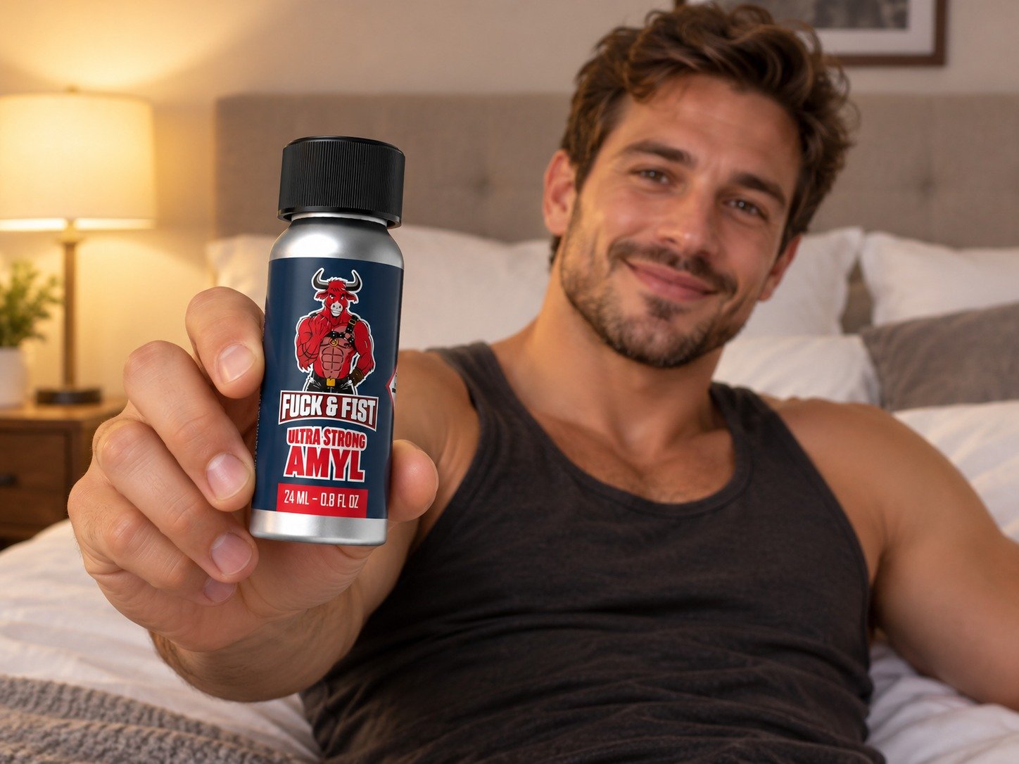 Homme souriant assis sur lit, tenant près de la caméra un petit flacon étiquette rouge « Fuck & Fist AMYL », ambiance chambre.