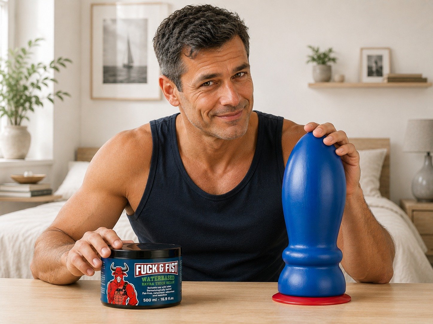 Homme souriant avec un gobelet et un grand gode bleu posé sur la table, dans un salon domestique. Texte suggestif insinuant mais sans explicitité. Homme souriant avec un gobelet et un grand gode bleu posé sur la table, dans un salon domestique. Texte suggestif insinuant mais sans explicitité.