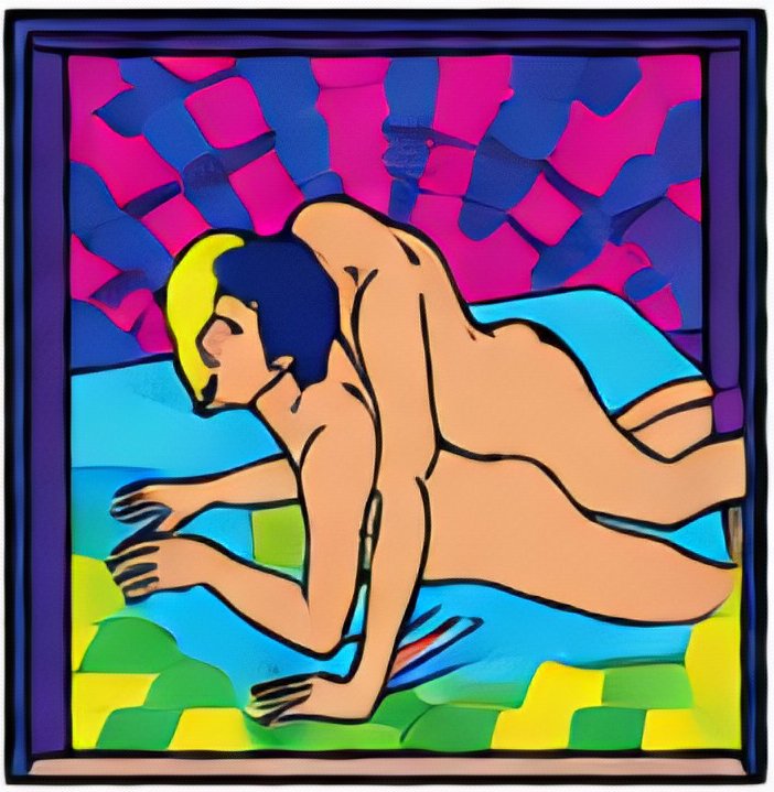 Homme nu allongé sur le ventre, dessin au style pop art sur fond coloré, cadre sombre.