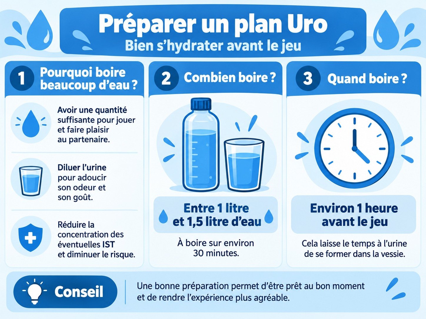 Infographie bleu et blanc: guide “Préparer un plan Uro” en trois étapes avec icons. 1) Pourquoi boire beaucoup d’eau ?