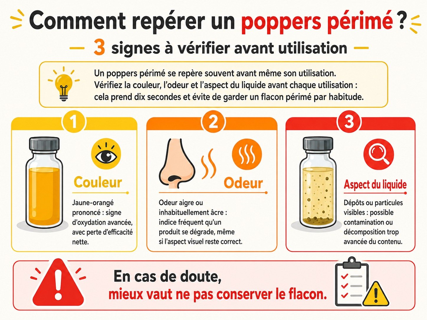 Infographie: « Comment repérer un poppers périmé ? – 3 signes à vérifier avant utilisation » avec icônes couleur, odeur et aspect du liquide, et conseil: ne pas conserver le flacon.