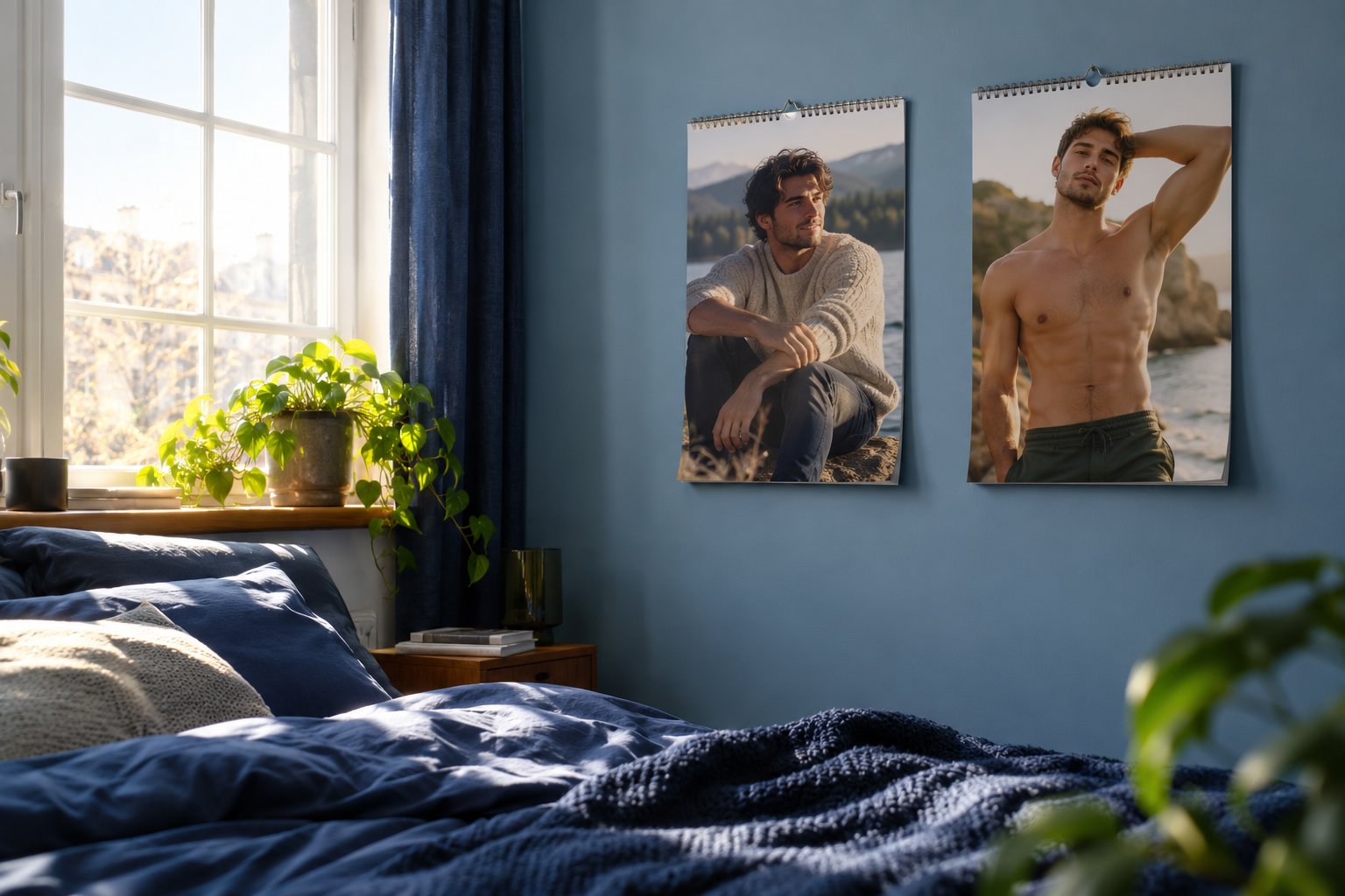 Lit posé près d’une fenêtre lumineuse, avec deux posters de hommes sur le mur bleu.