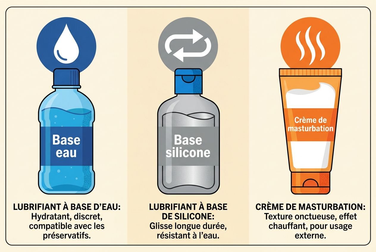 Trois flacons illustrés : base eau (lubrifiant hydratant à base d’eau), base silicone (lubrifiant silicone résistant à l’eau) et crème de masturbation (tube chauffant pour usage externe).