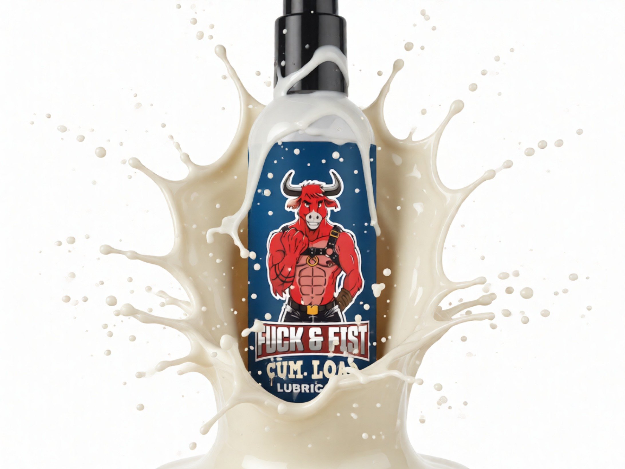 Lubrifiant posé au centre d’un éclaboussement de lait, avec étiquette bleu et dessin d’un taureau rouge et texte « Fuck & Fast ».