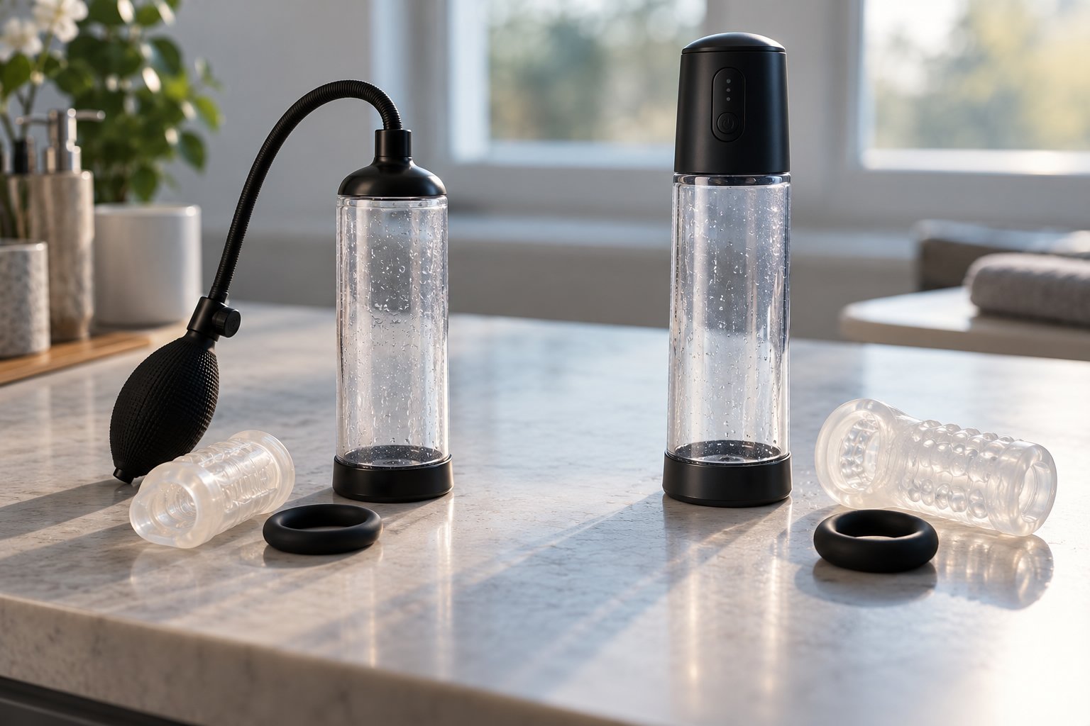 Plaisir intime: bouteilles de stimulation masculine et embouts lubrifiants sur une table lumineuse.