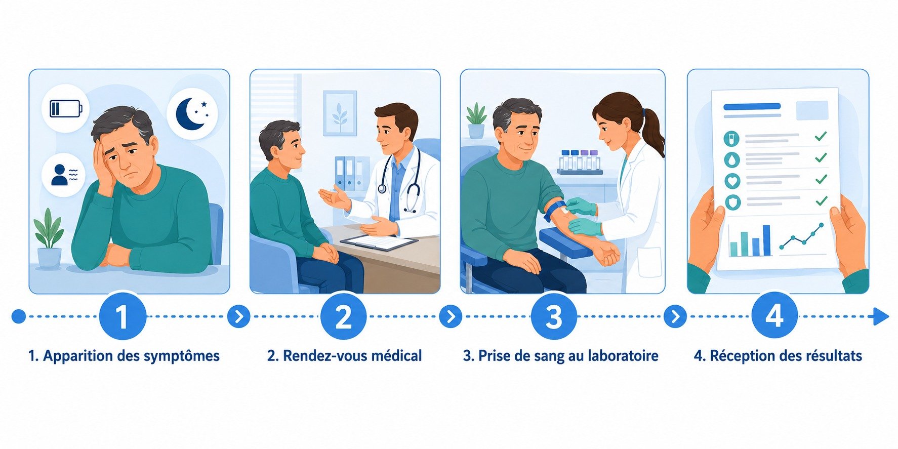 Processus médical en 4 étapes: symptômes, rendez-vous, prise de sang au laboratoire et réception des résultats.