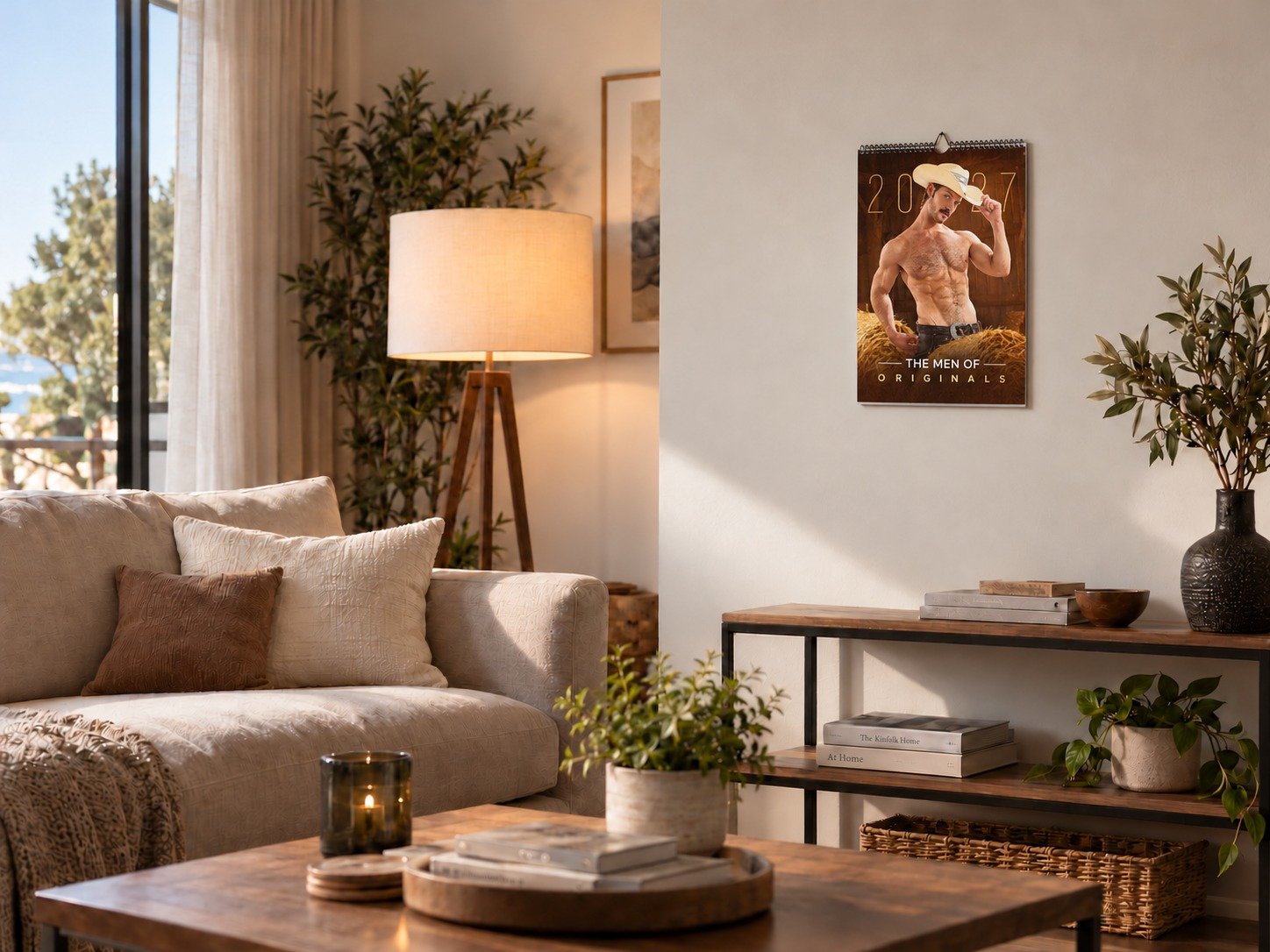 Salon cosy moderne avec canapé beige, lampe sur pied et plantes; cadre mural masculin sur le mur.