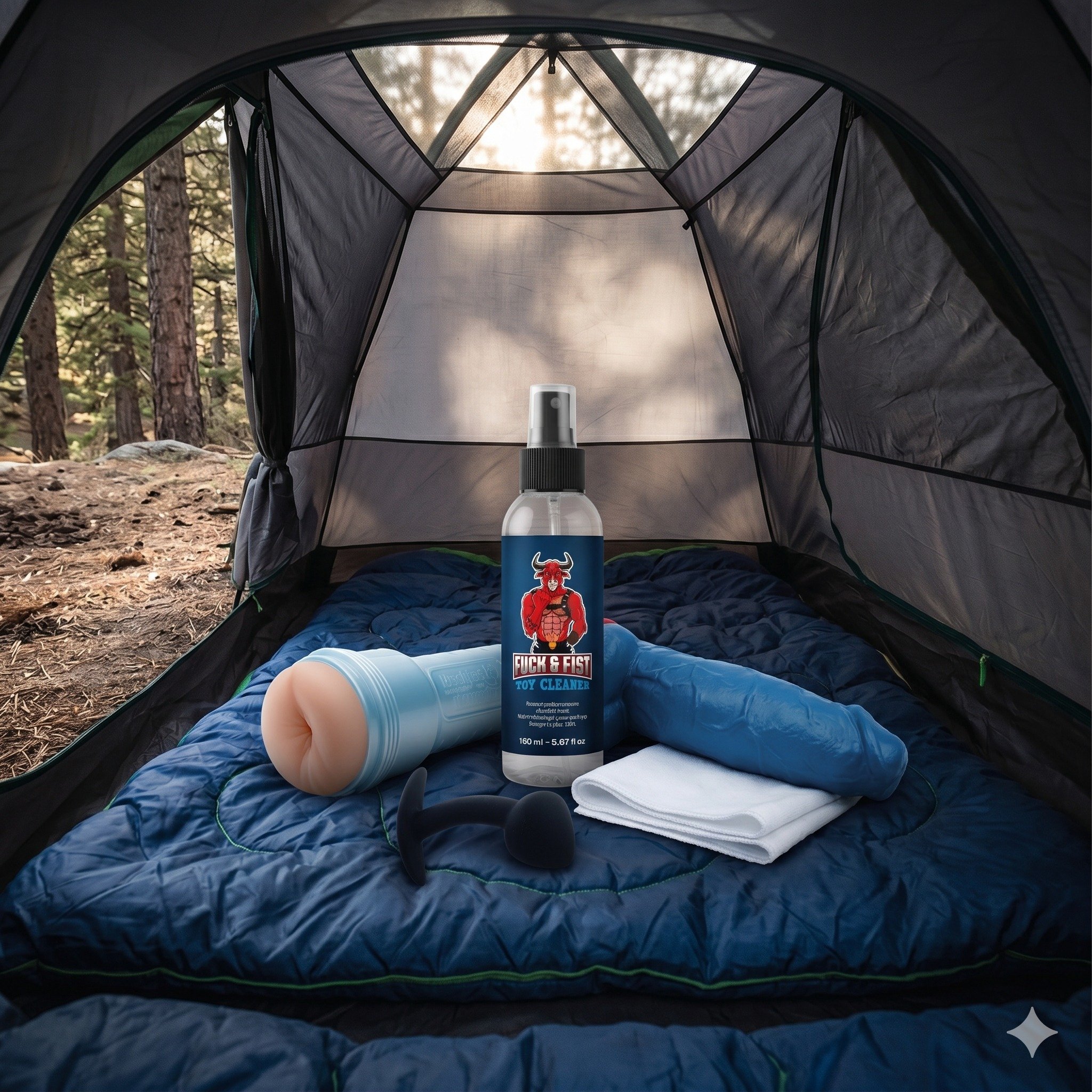 Spray nettoyant intime pour sextoys sur un matelas de camping dans une tente, avec godes et accessoires visibles.