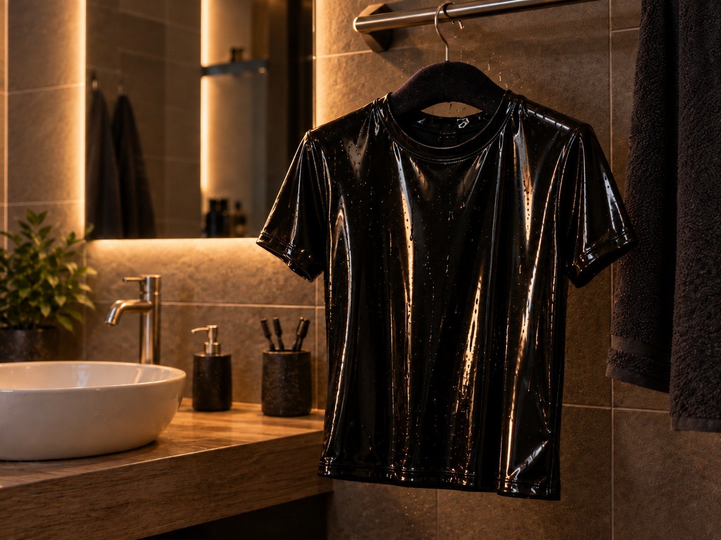 T-shirt noir brillant en PVC ou vinyle suspendu dans une salle de bains moderne, éclairage chaud et atmosphérique.