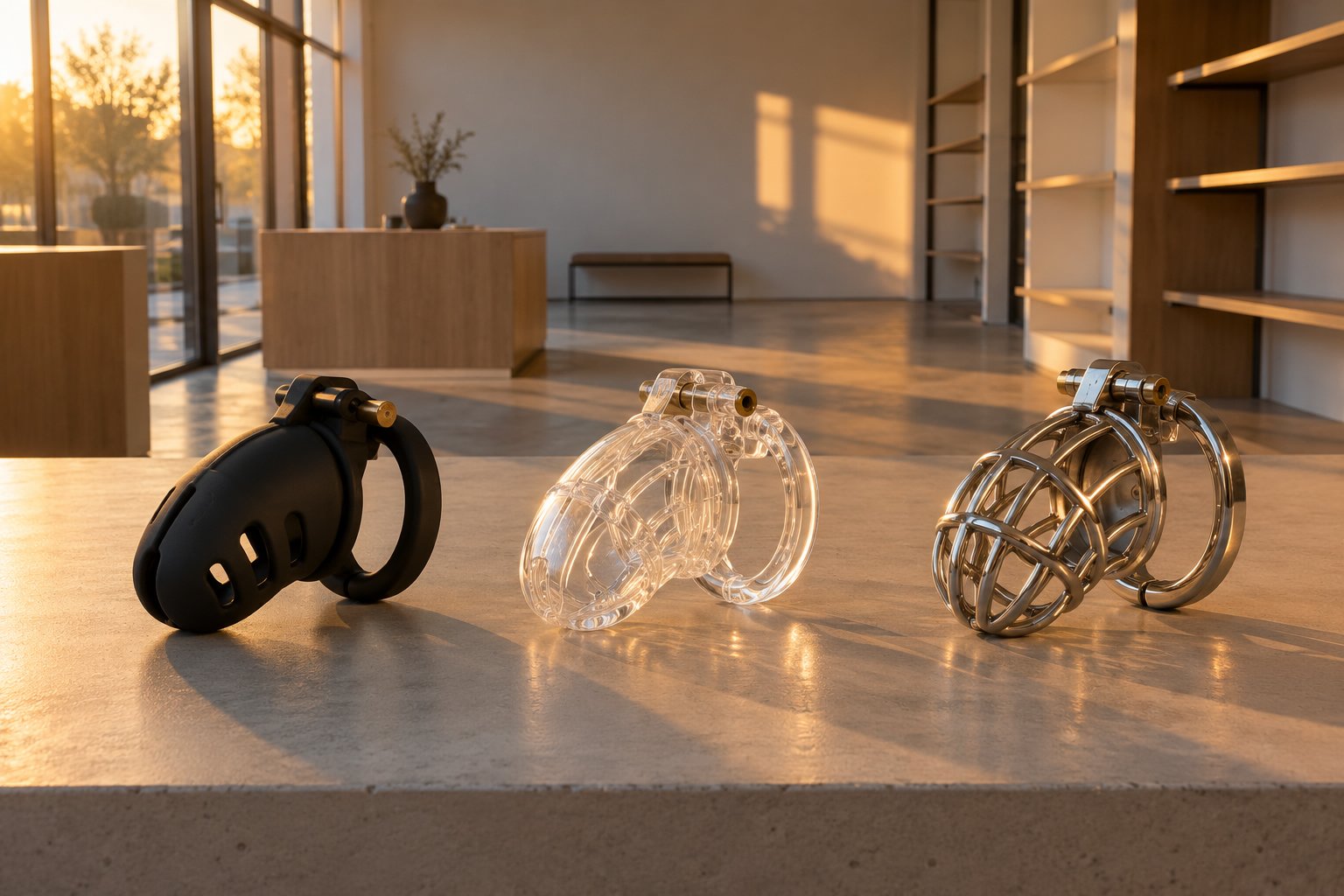 Trois cages de chasteté en matières différentes sont posées sur une table.