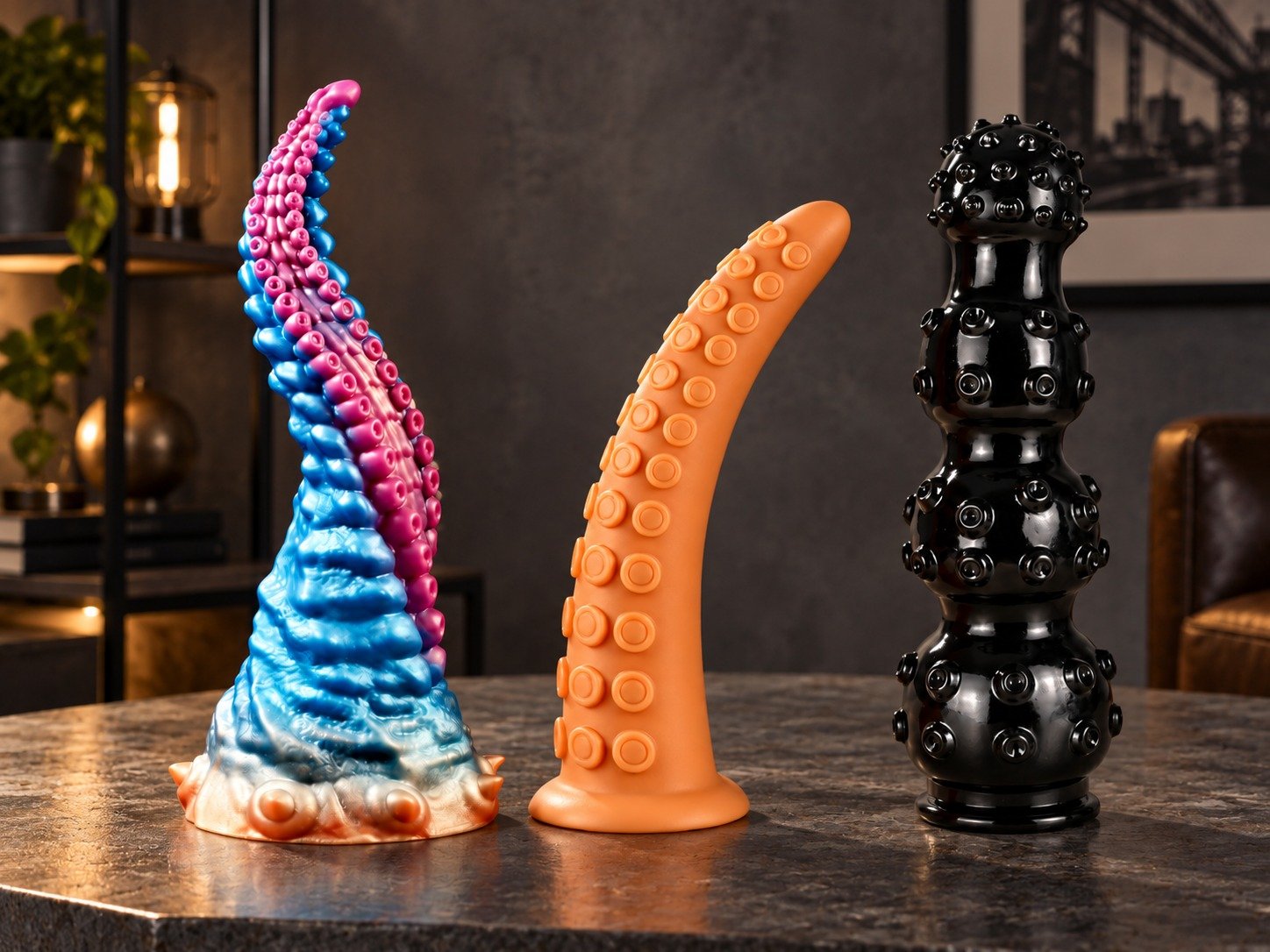 Trois jouets sexuels phalliques en silicone: une torsion bleu-pink, une courbe orange avec picots et un grand godemicheur noir